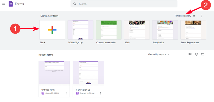 Screenshot showing the Google Forms homepage