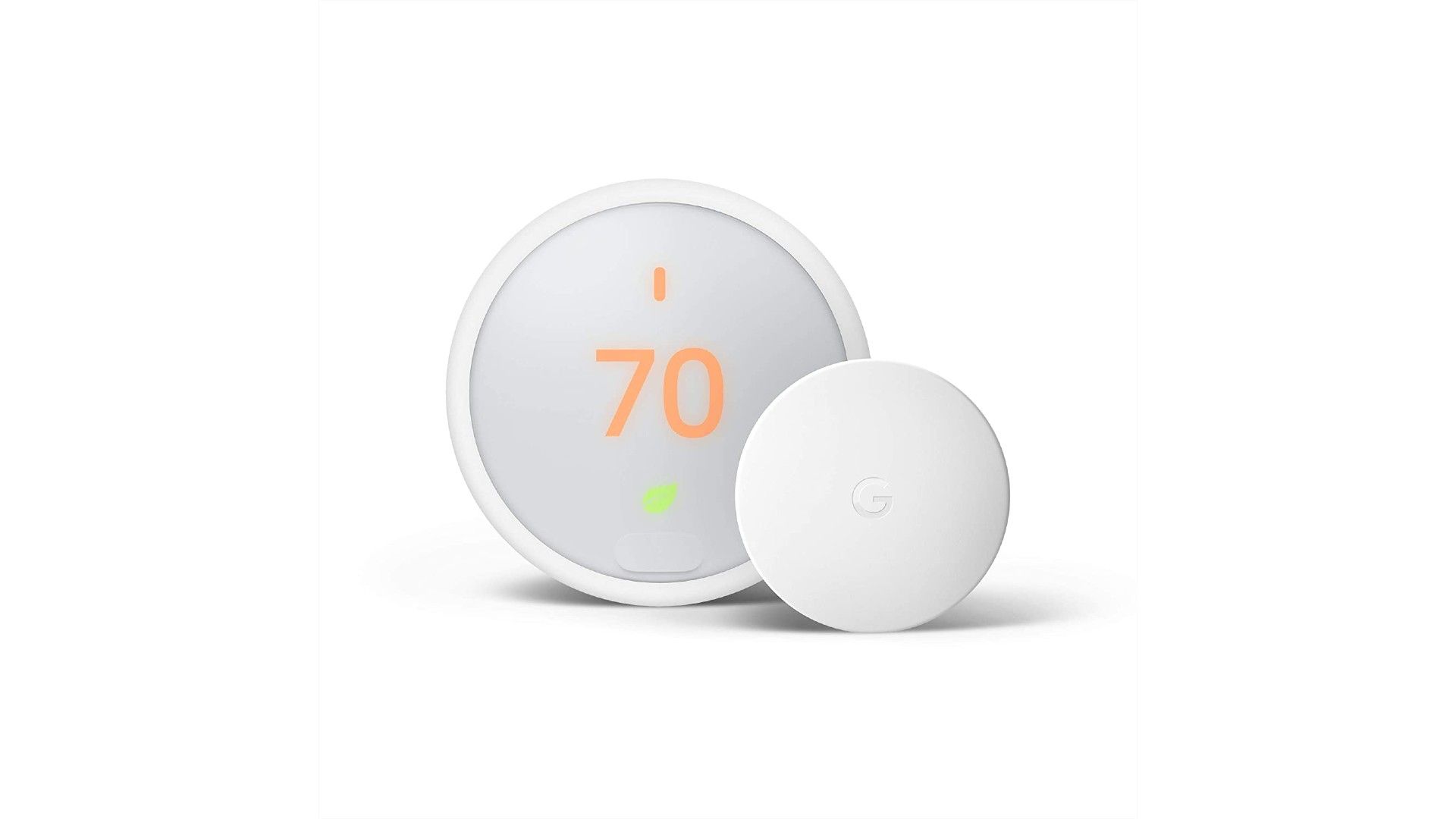 The Nest Thermostat E has a colorful display in a white body.