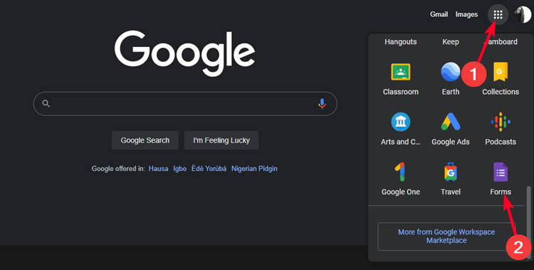 Google apps menu in Chrome