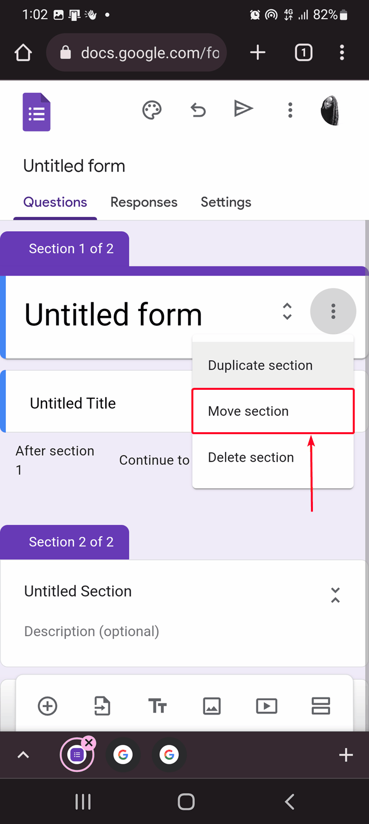 Option for moving sections on Google Forms mobile version