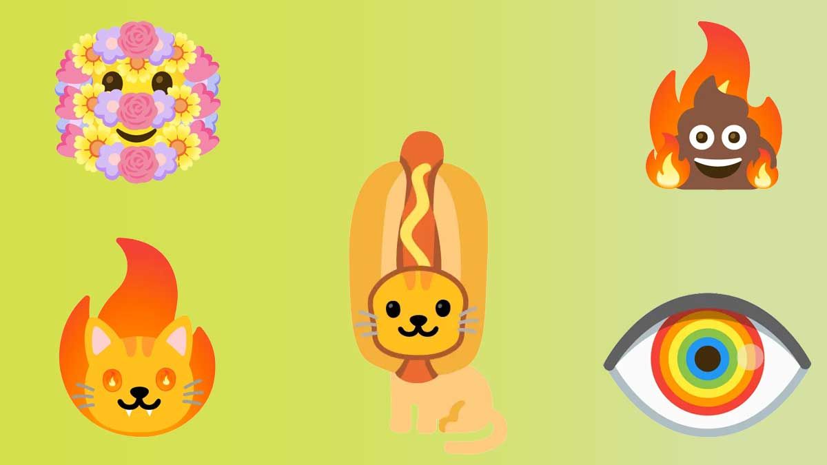 Various emoji kitchen mashups on a green background