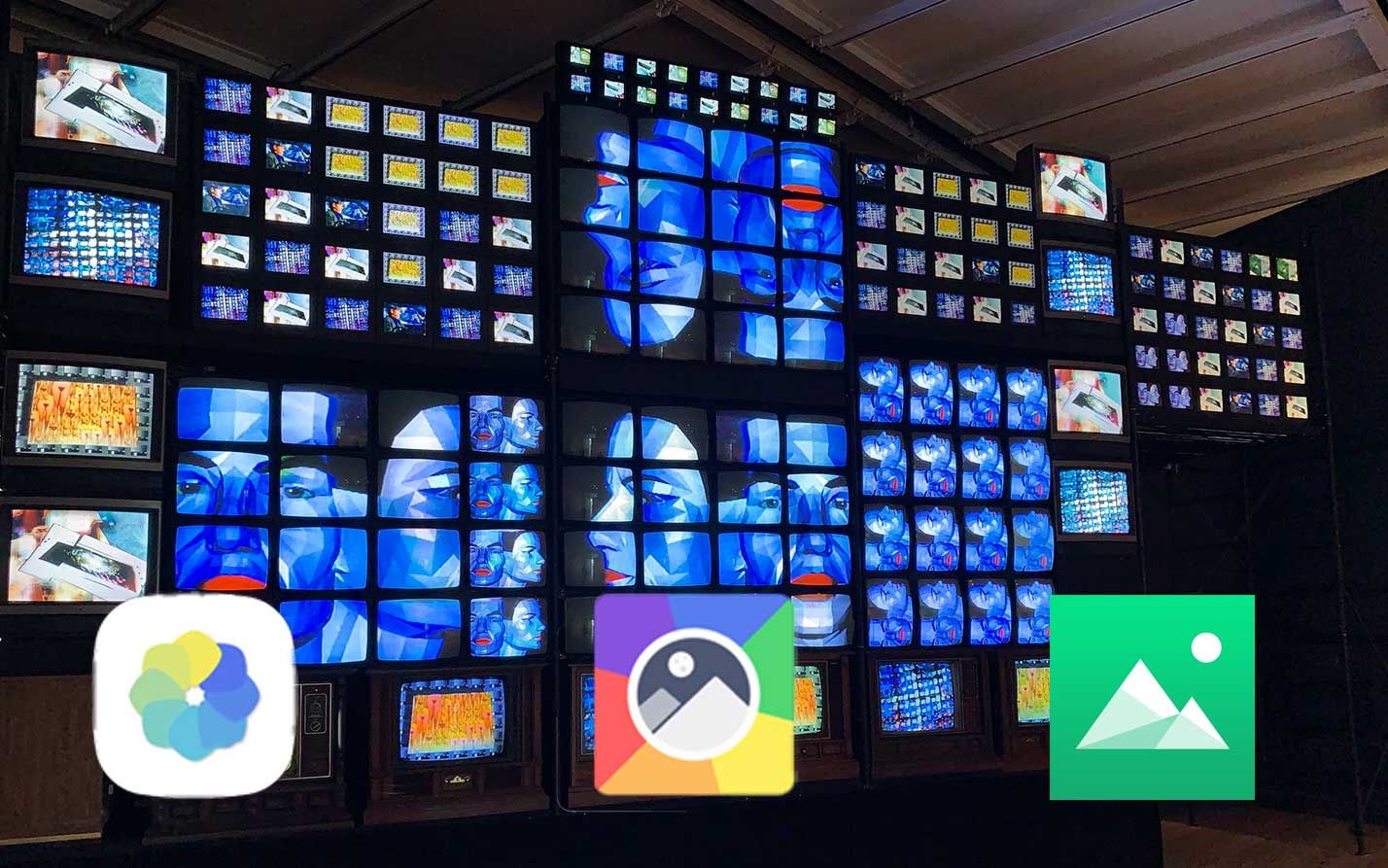 An art installation with dozens of televisions showing similar images sits behind icons for three app icons.