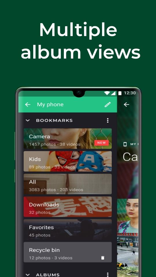mockup of phone showing gallery app folders on a green background
