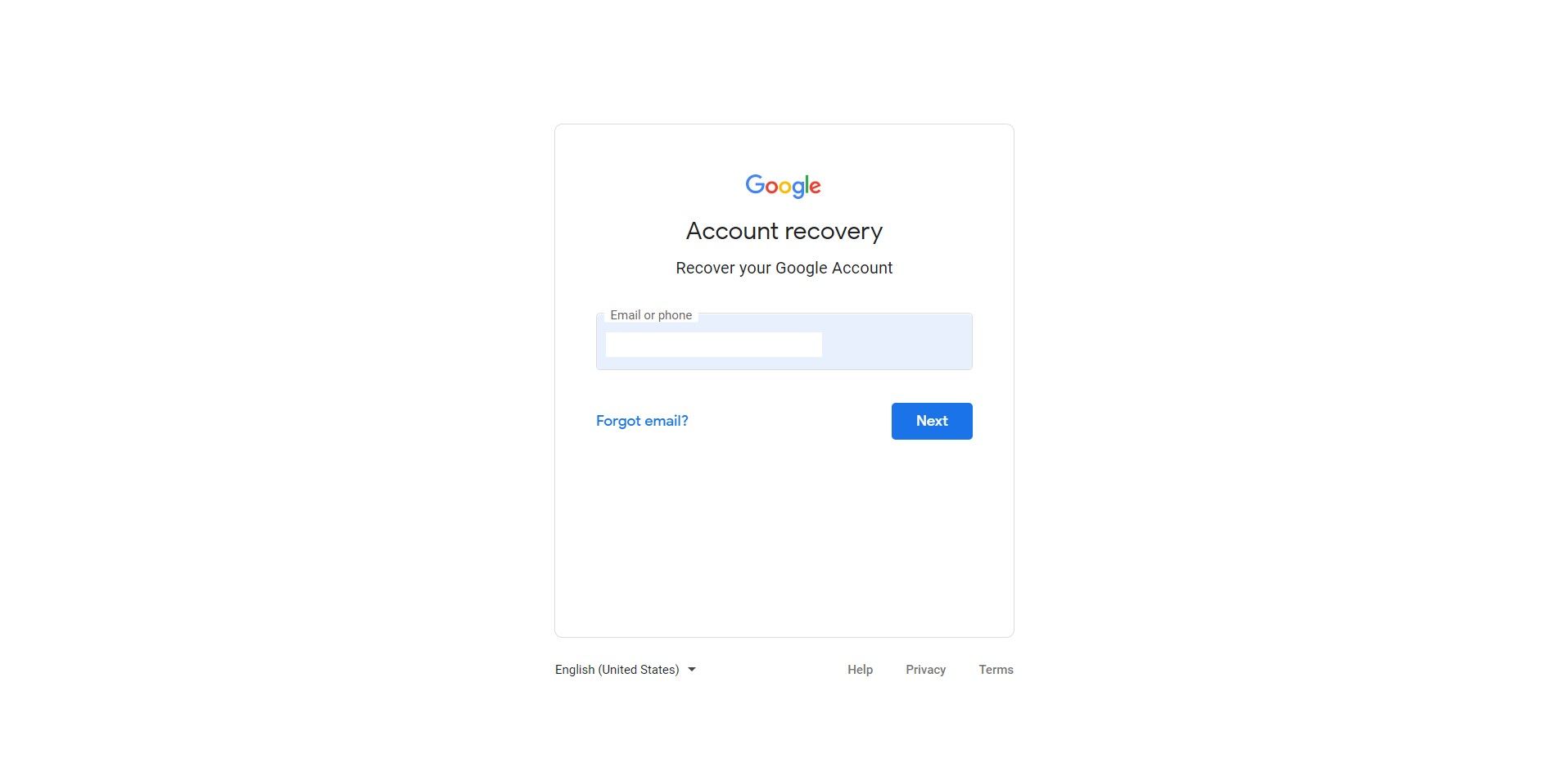 Lupa layar email di halaman pemulihan akun Google