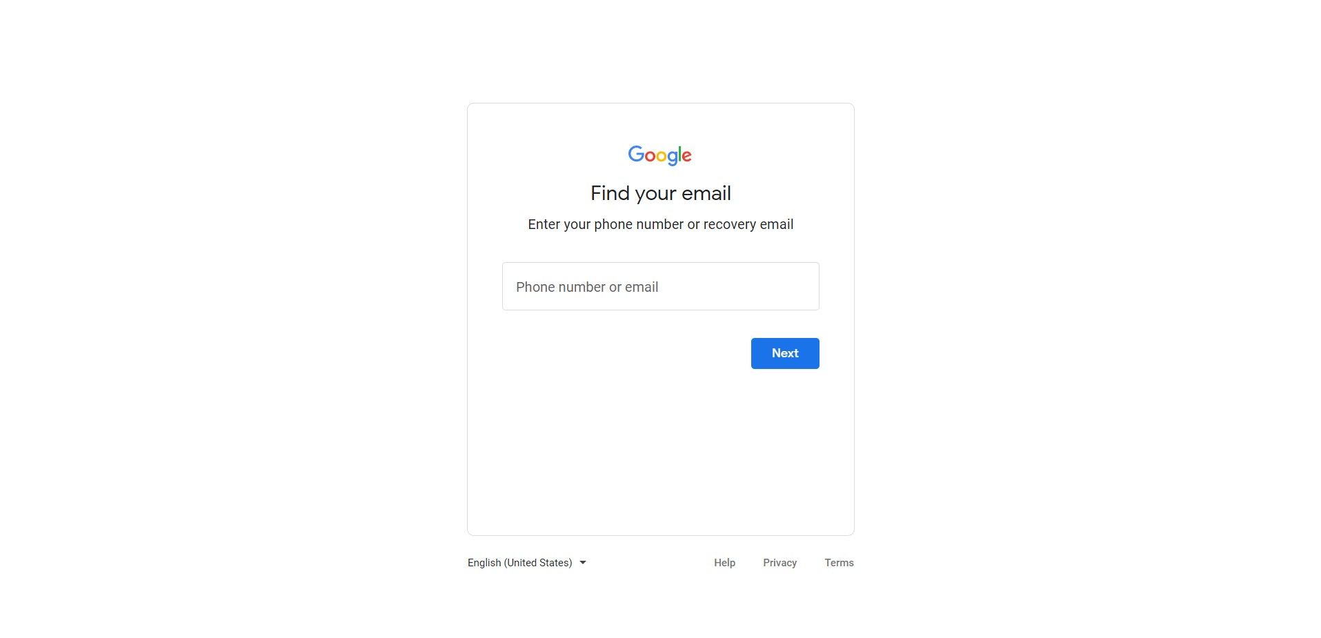 Layar konfirmasi email di halaman pemulihan akun Google