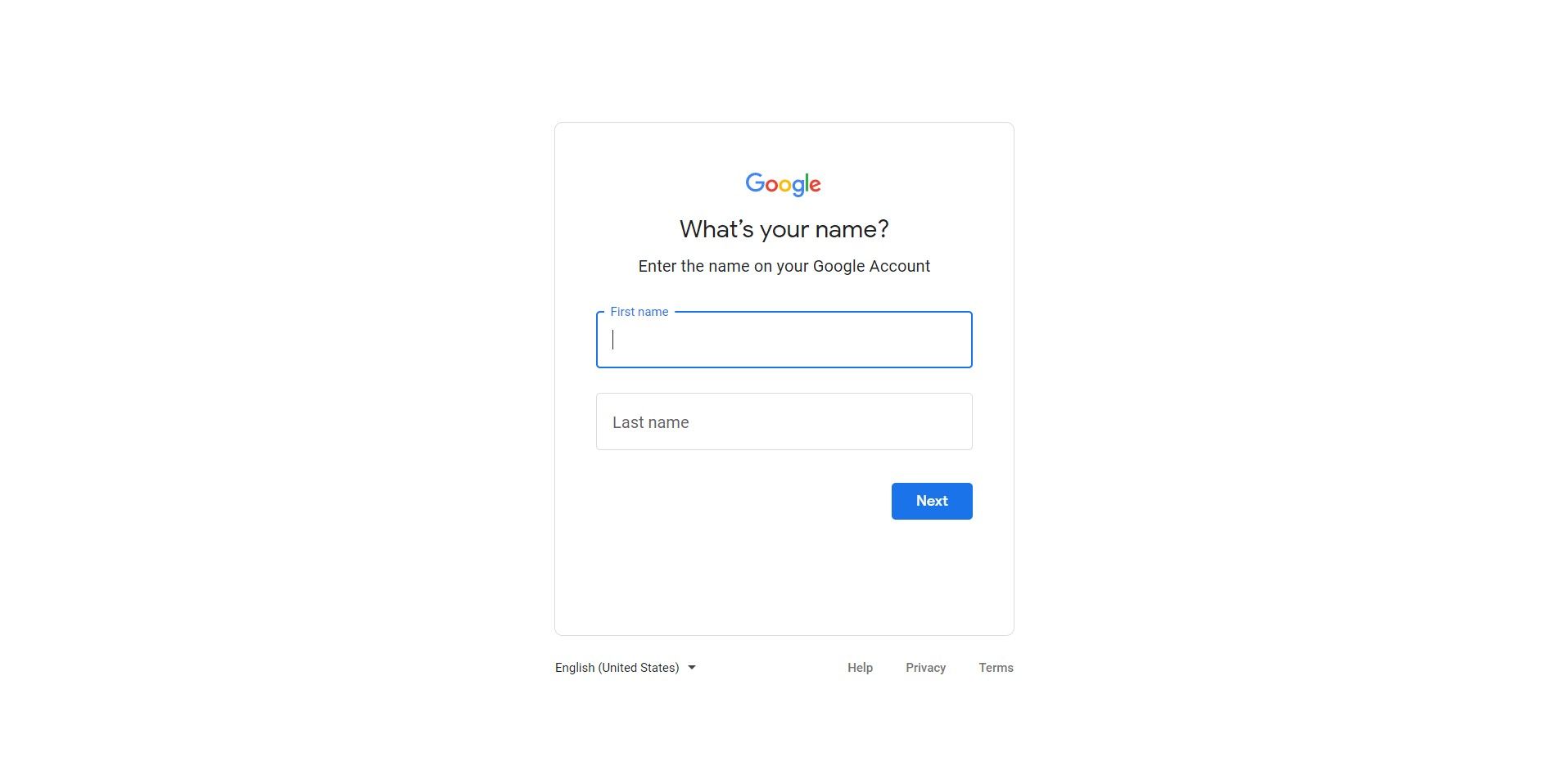 Memasukkan nama depan dan belakang di halaman pemulihan akun Google
