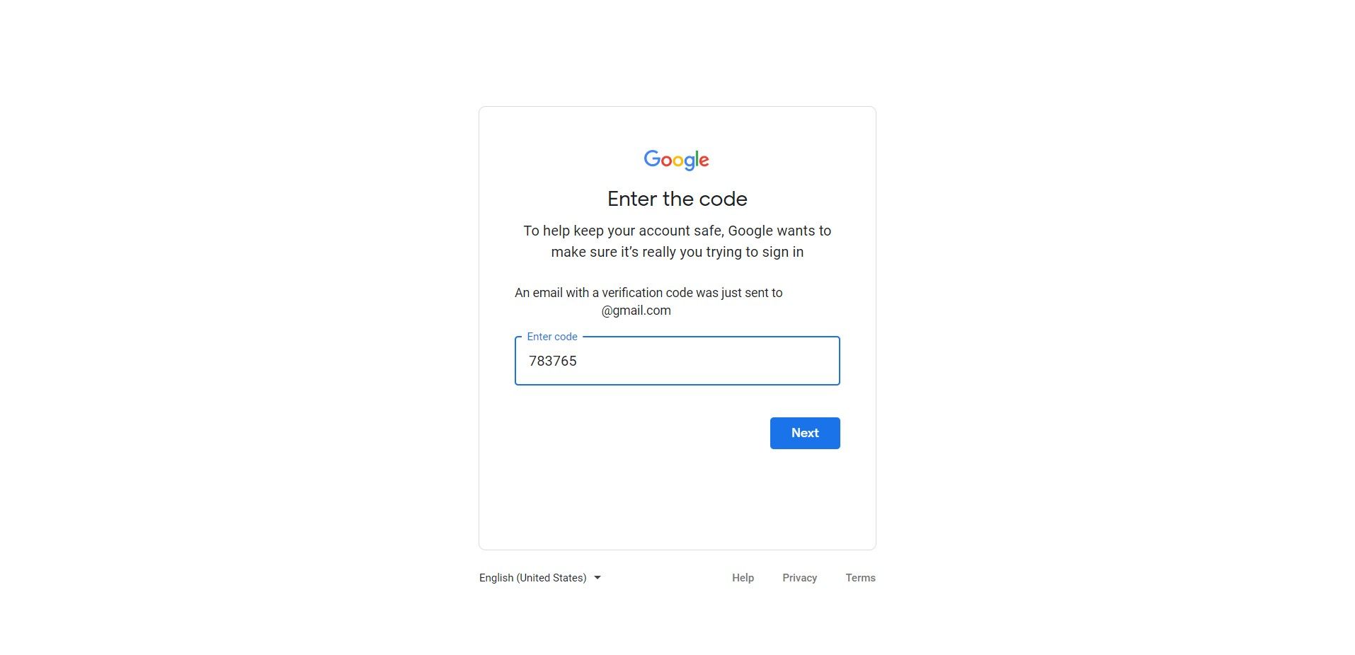 Memasukkan kode verifikasi di halaman pemulihan akun Google