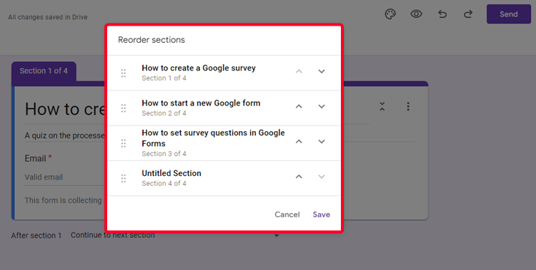 Menu for reordering sections in Google Forms