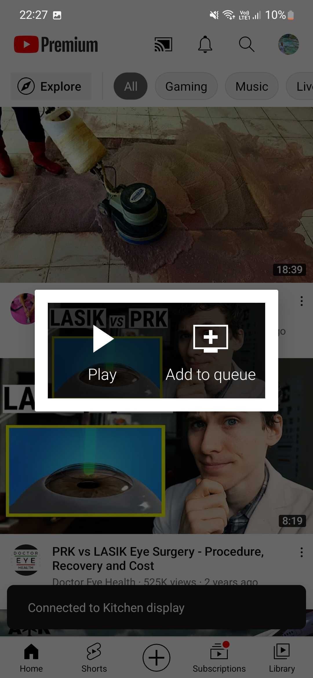 The YouTube app with tap to Play or Add to queue.