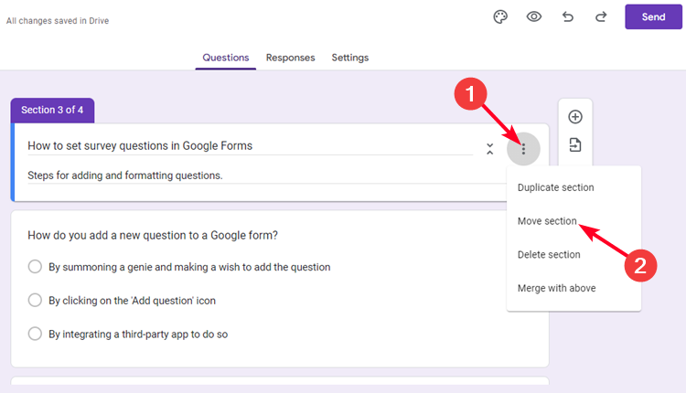 Section dropdown menu in Google Forms