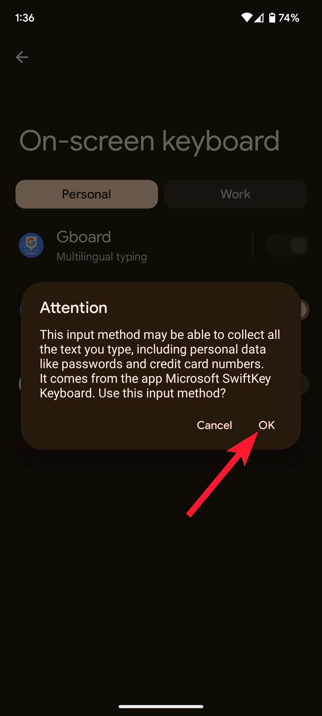 Cuplikan layar opsi ok dalam konfirmasi peringatan di pengaturan keyboard Android