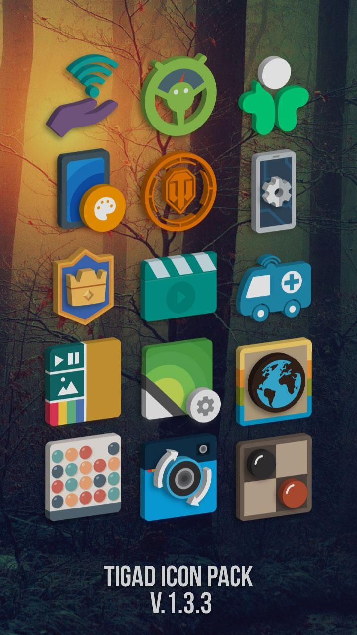 Tigad Pro Icon Pack showcase with text on a brown and gray tree themed background