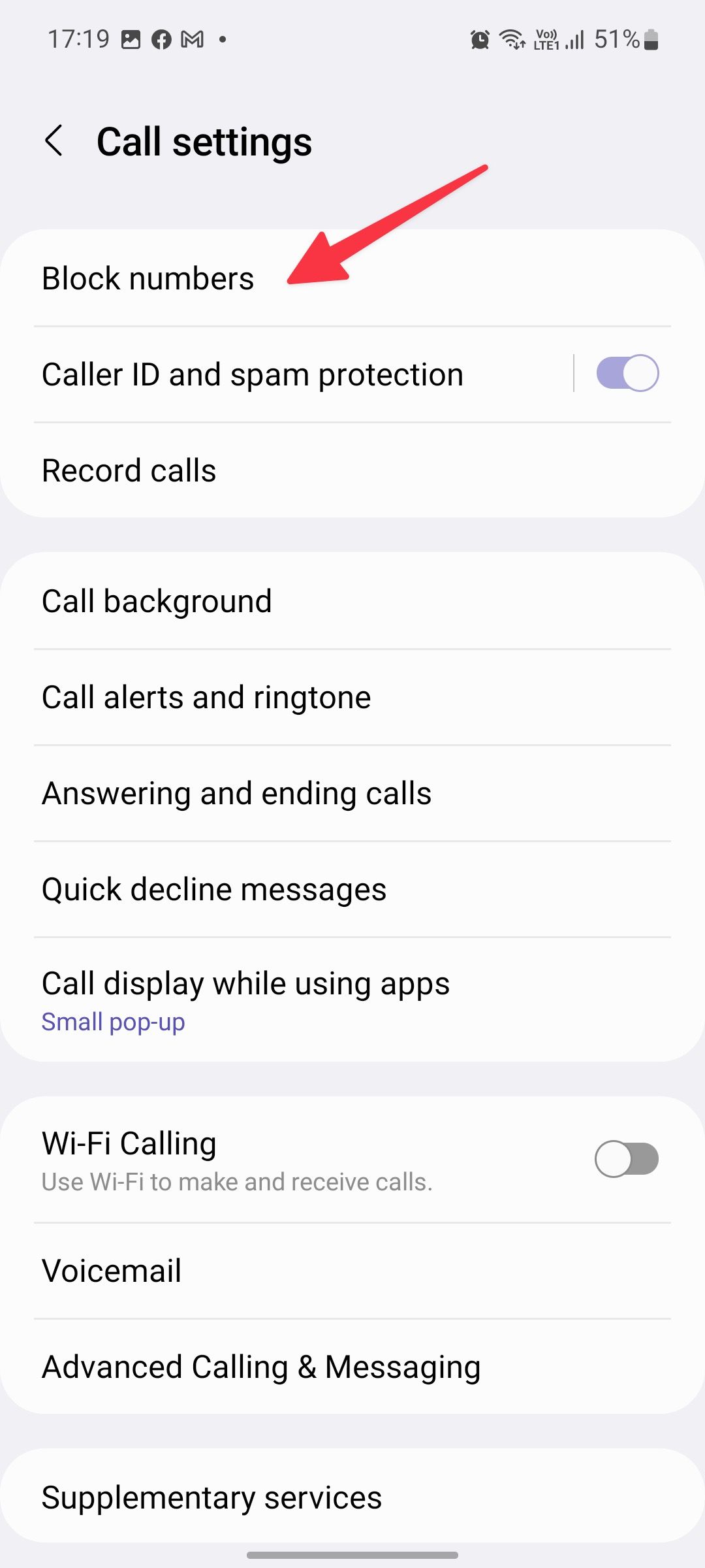 block numbers menu on samsung phone