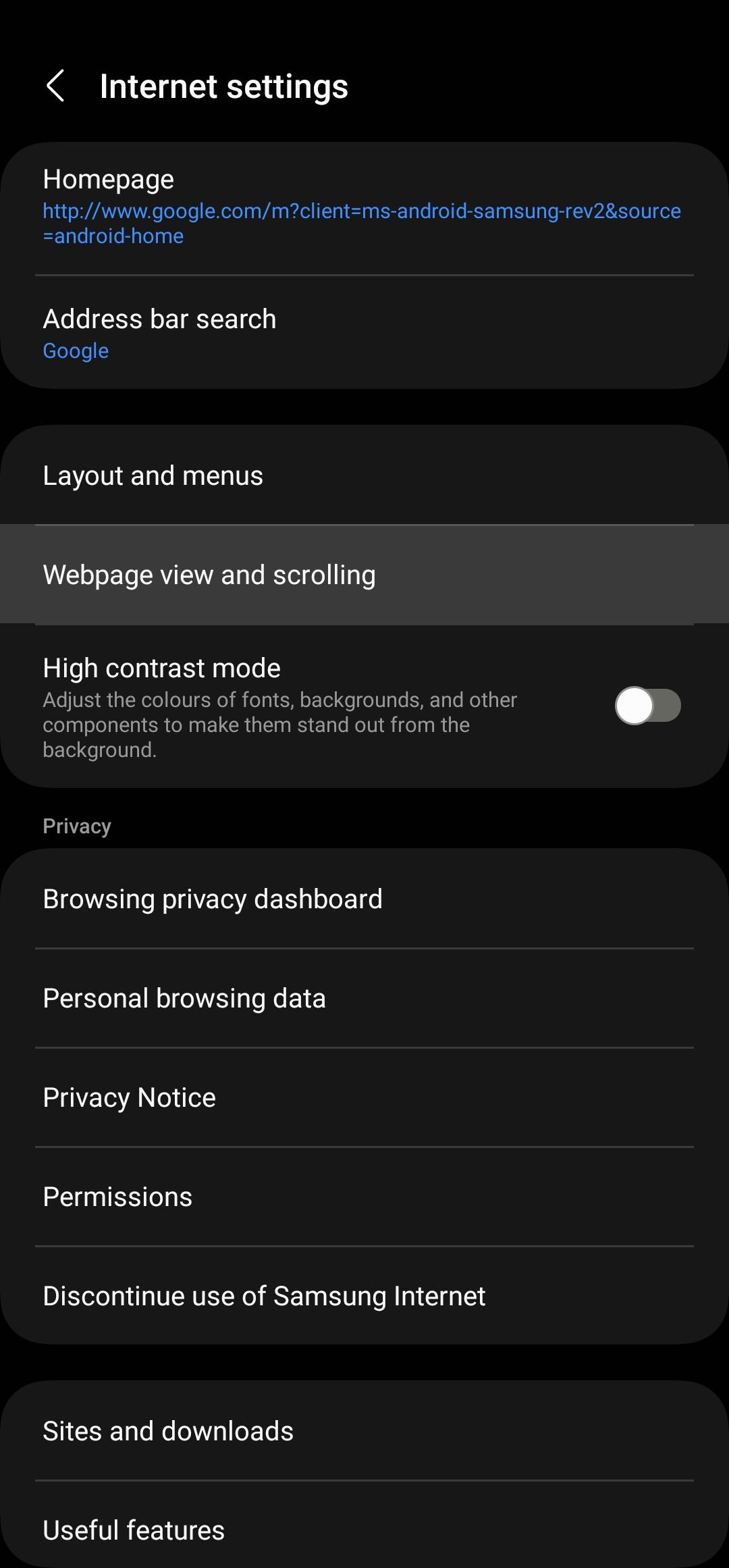 Samsung Internet settings page