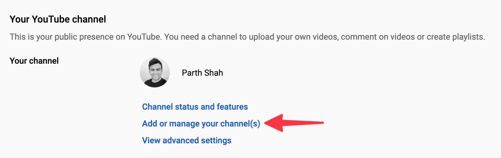 screenshot of youtube add or manage channels option