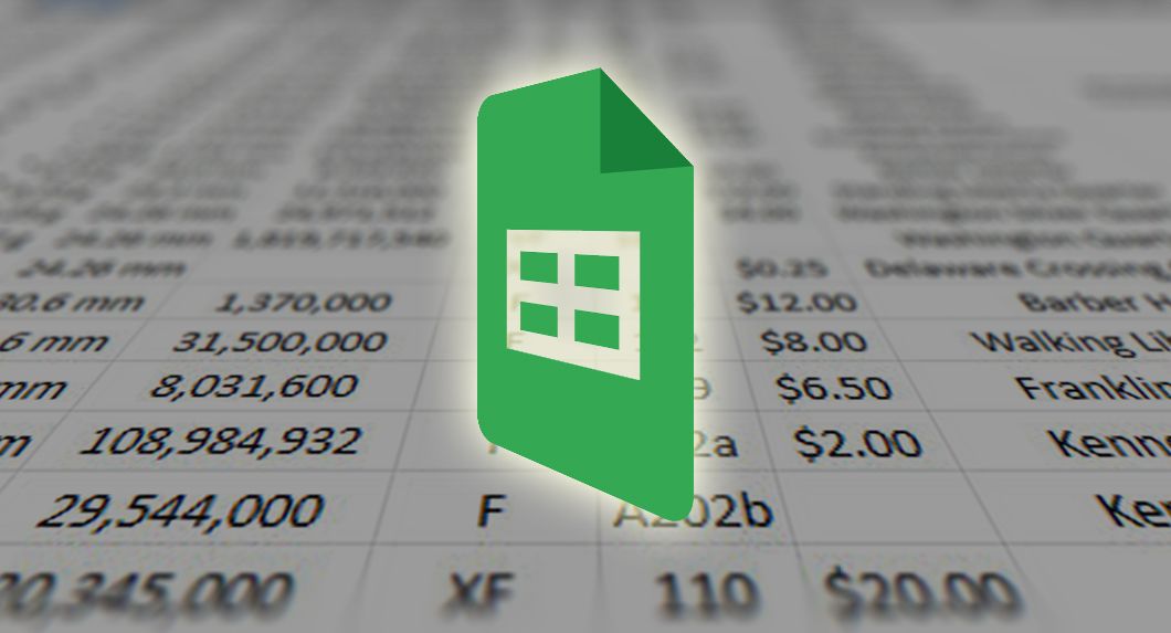 The Google Sheets logo on top of a spreadsheet full of data