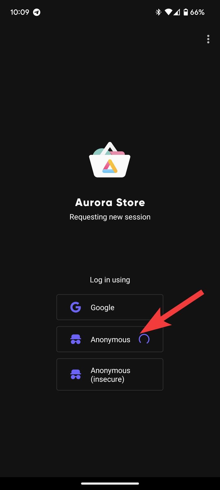 The login page in the Aurora Store app with a red arrow pointing to the Anonymous option
