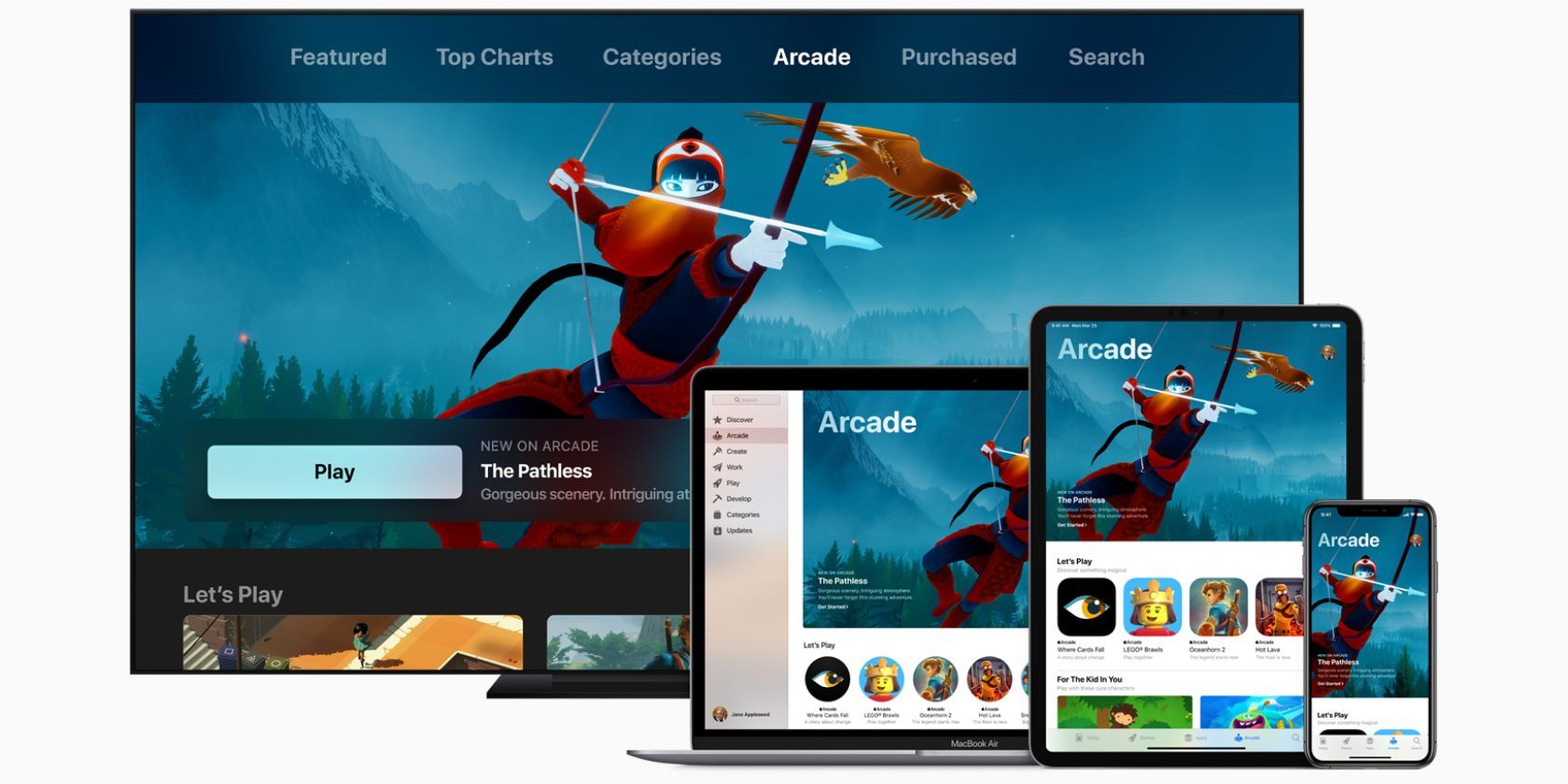 Apple Arcade displayed on a desktop, laptop, tablet, and smartphone