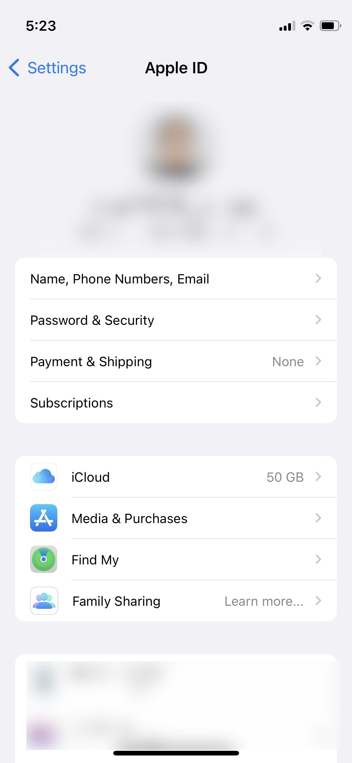 screenshot of account settings page in settings app on iOS