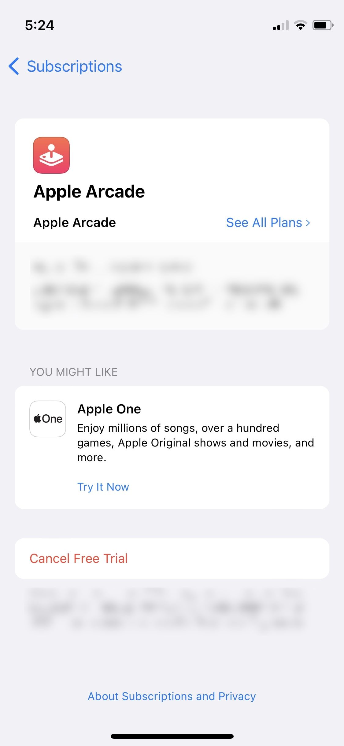 screenshot of apple arcade subscription details on iOS