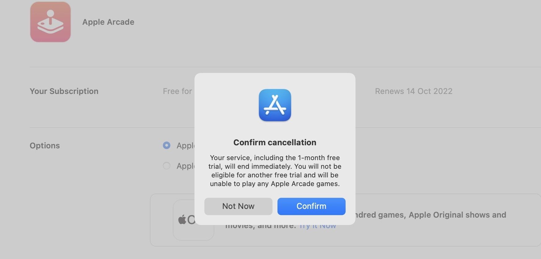 screenshot of cancellation confirmation window for subscriptions on macOS