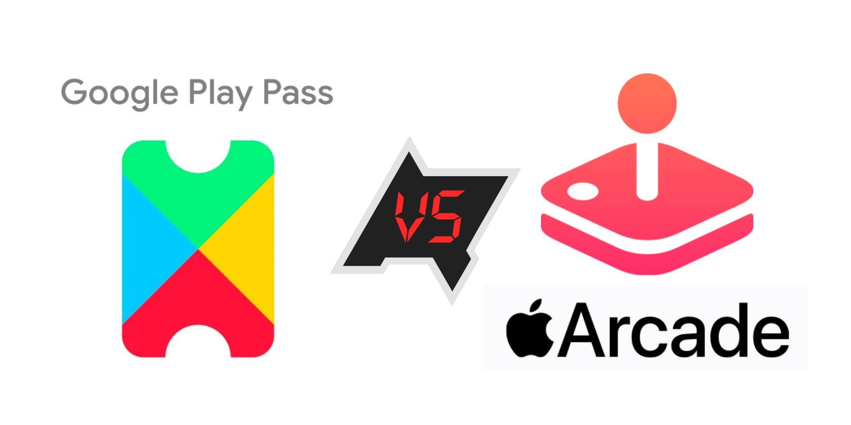 The Google Play Pass logo and the Apple Arcade logo on each side of the AndroidPolice VS logo