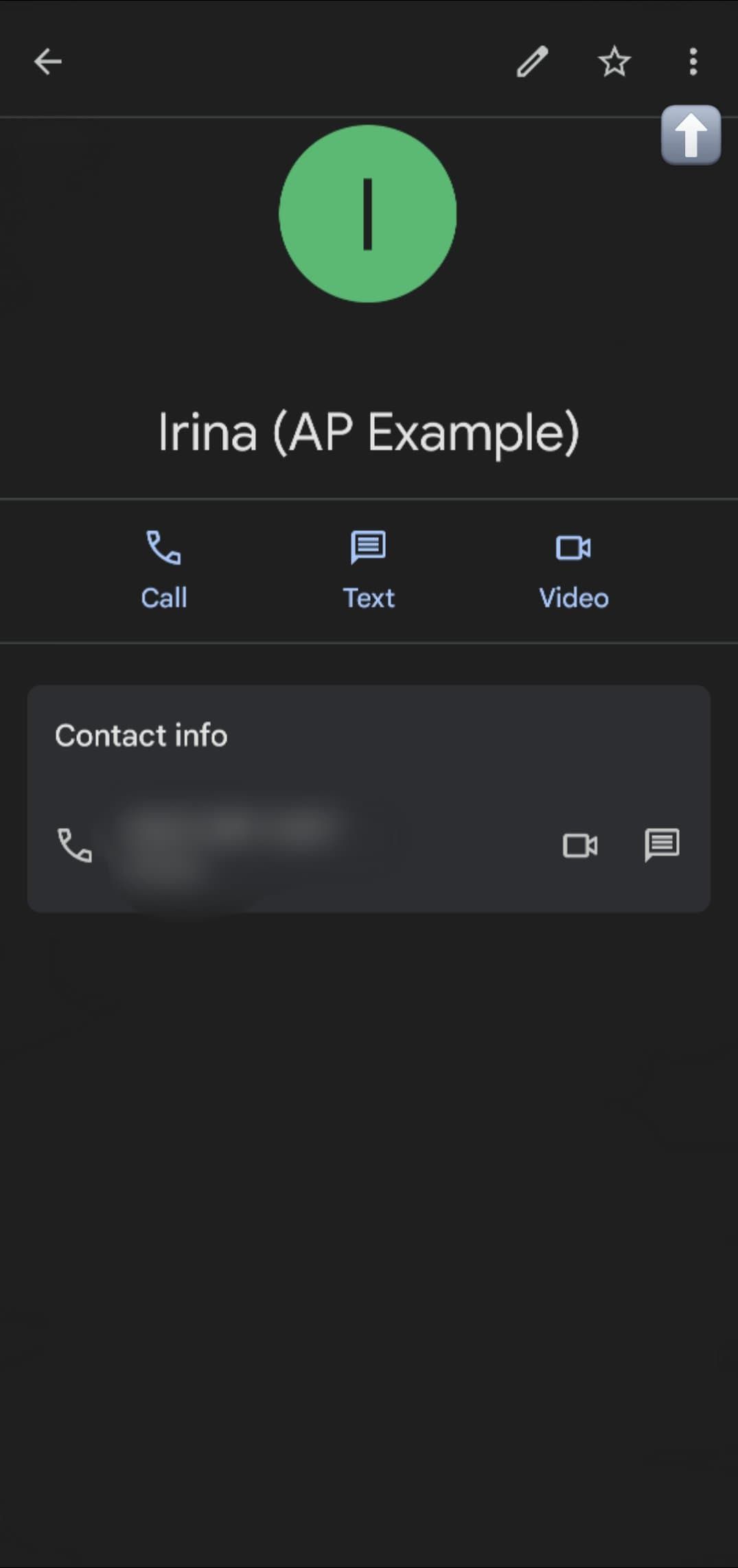 Image shows the example contact details screen with an arrow pointing to the triple dots in the top right.