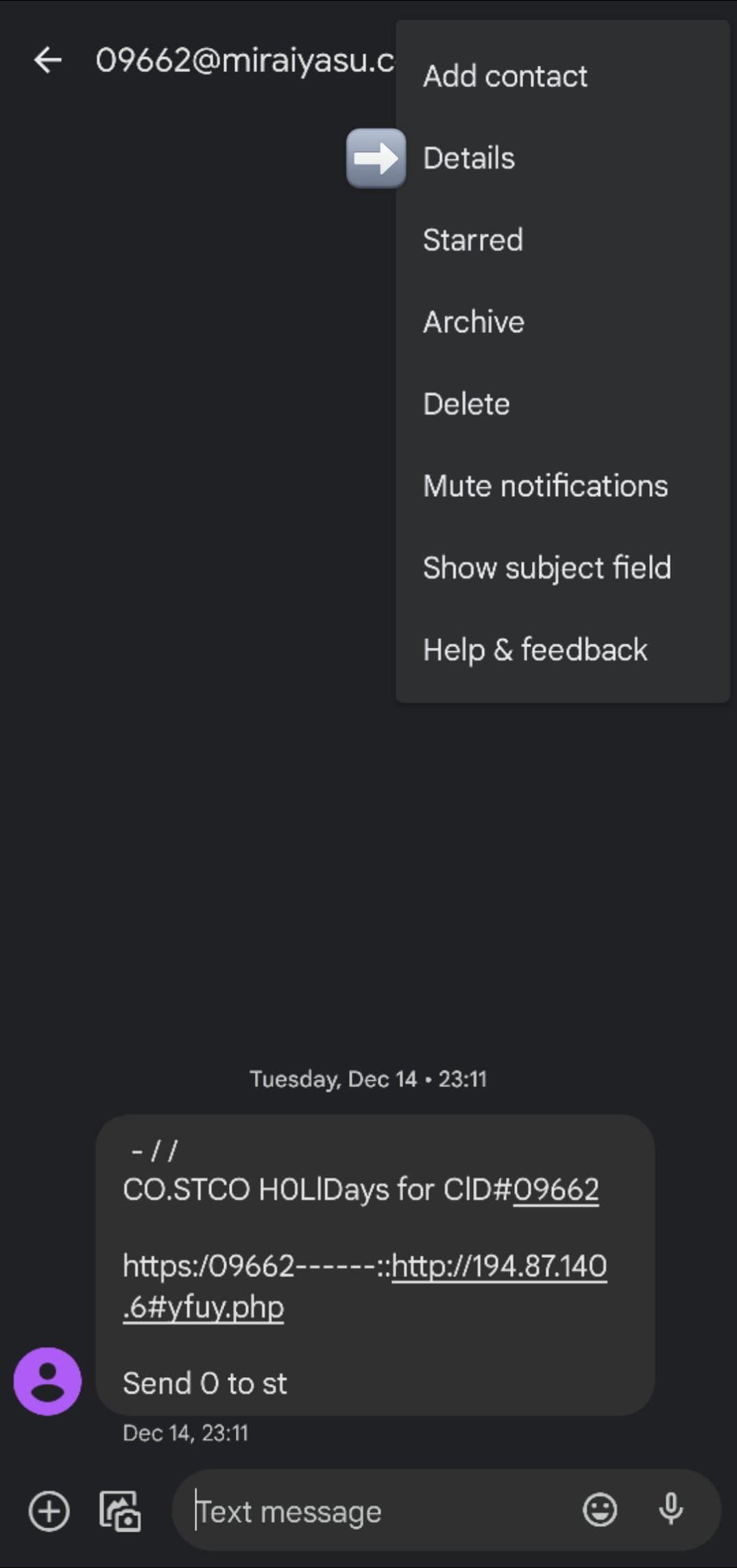 Image shows a spam text conversation with the options drop down menu displayed in the top right.