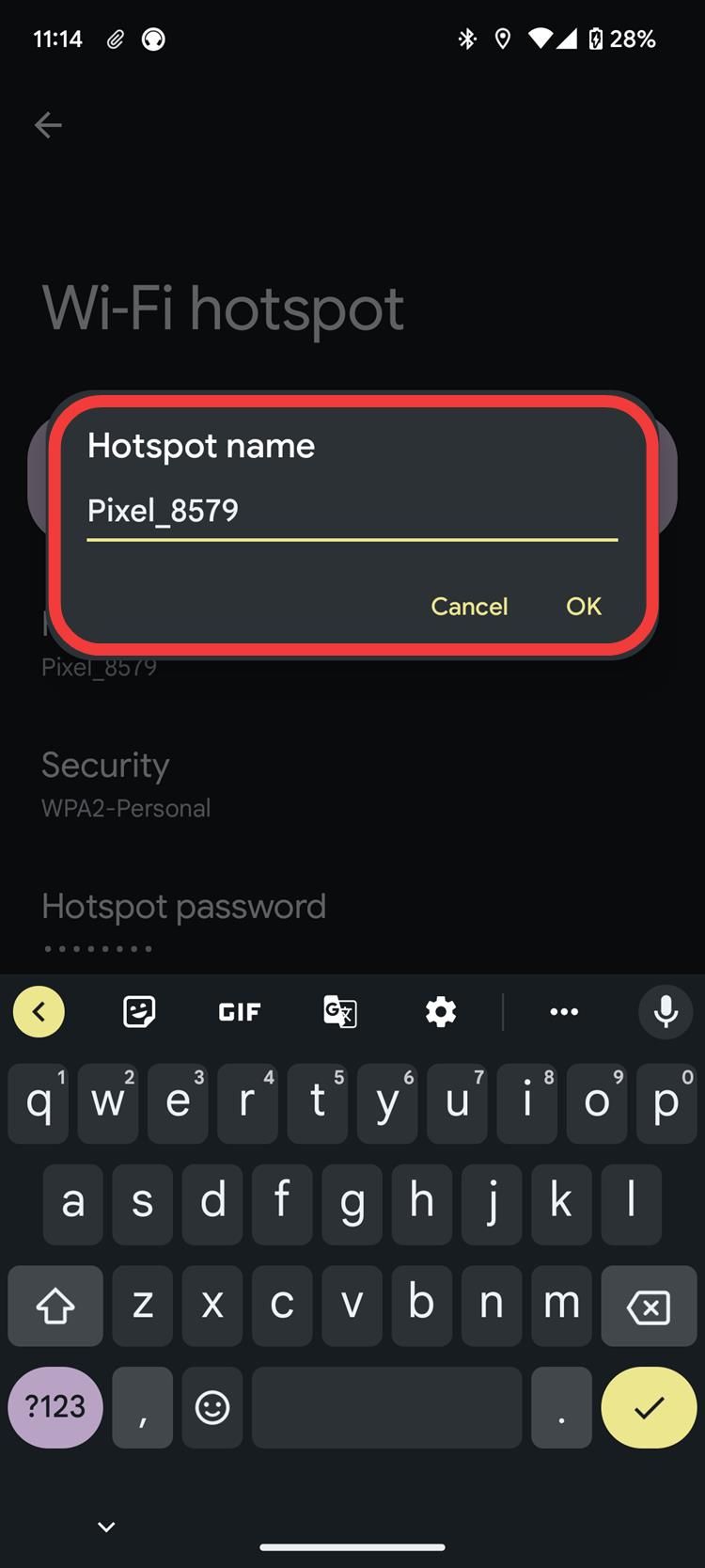 A screenshot of Android settings showing the Wi-Fi hotspot naming.