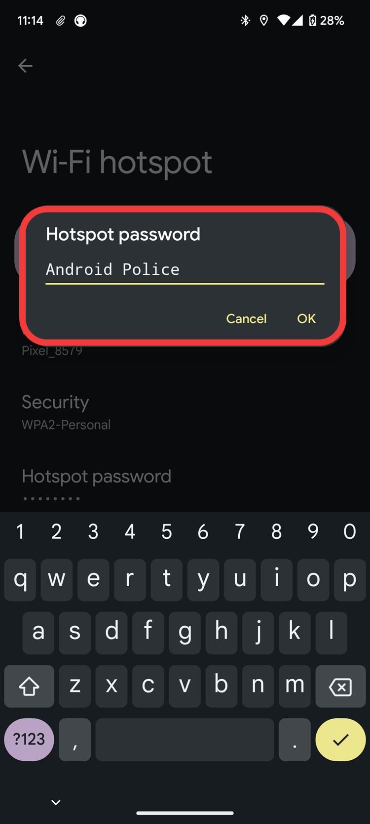 A screenshot of Android settings showing hotspot password naming.