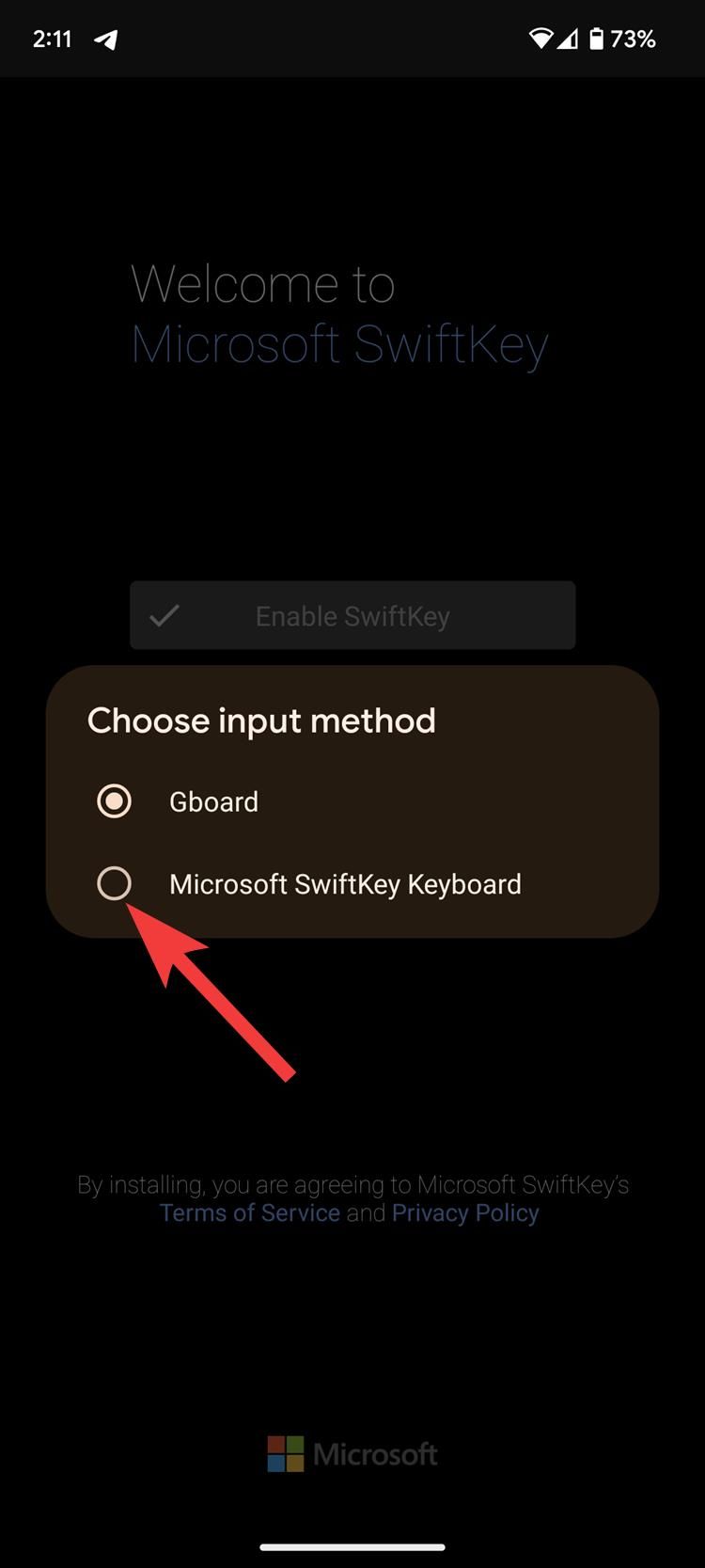 Pilih metode masukan yang menampilkan keyboard Gboard dan Microsoft Swiftkey secara default di Android