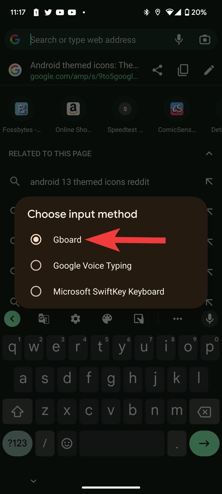 tangkapan layar pilih metode input dengan opsi keyboard di Android