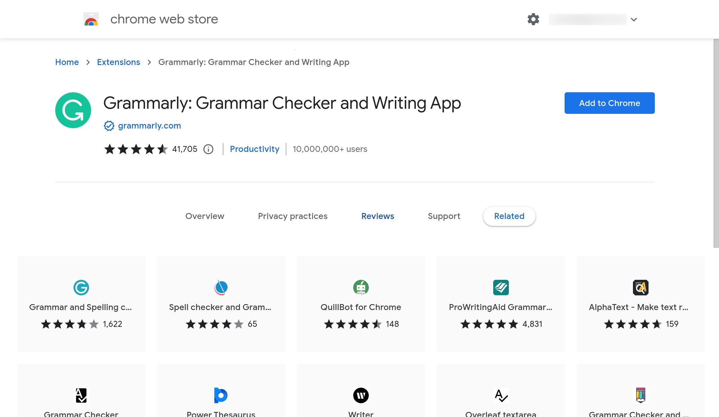 The Grammarly page in the Chrome Web Store