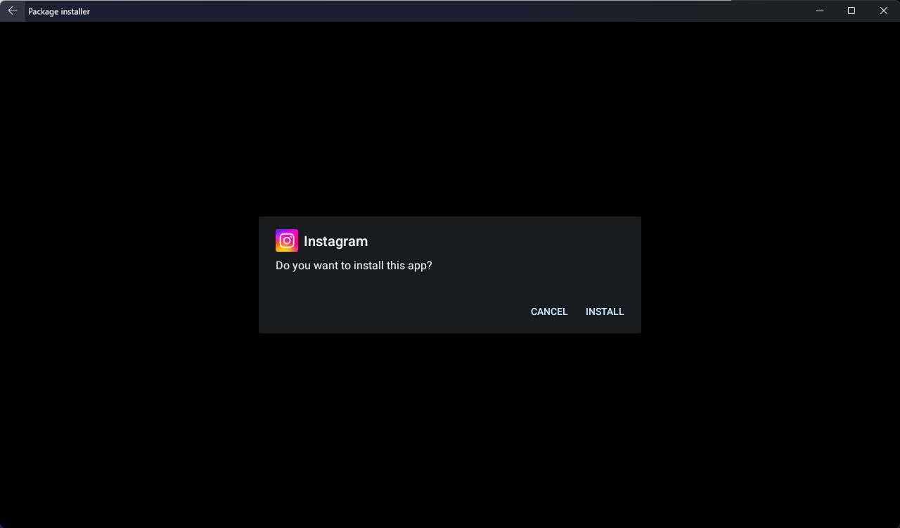 The package installer screen that pops up when installing Instagram on the Windows Subsystem for Android app from Aurora Store