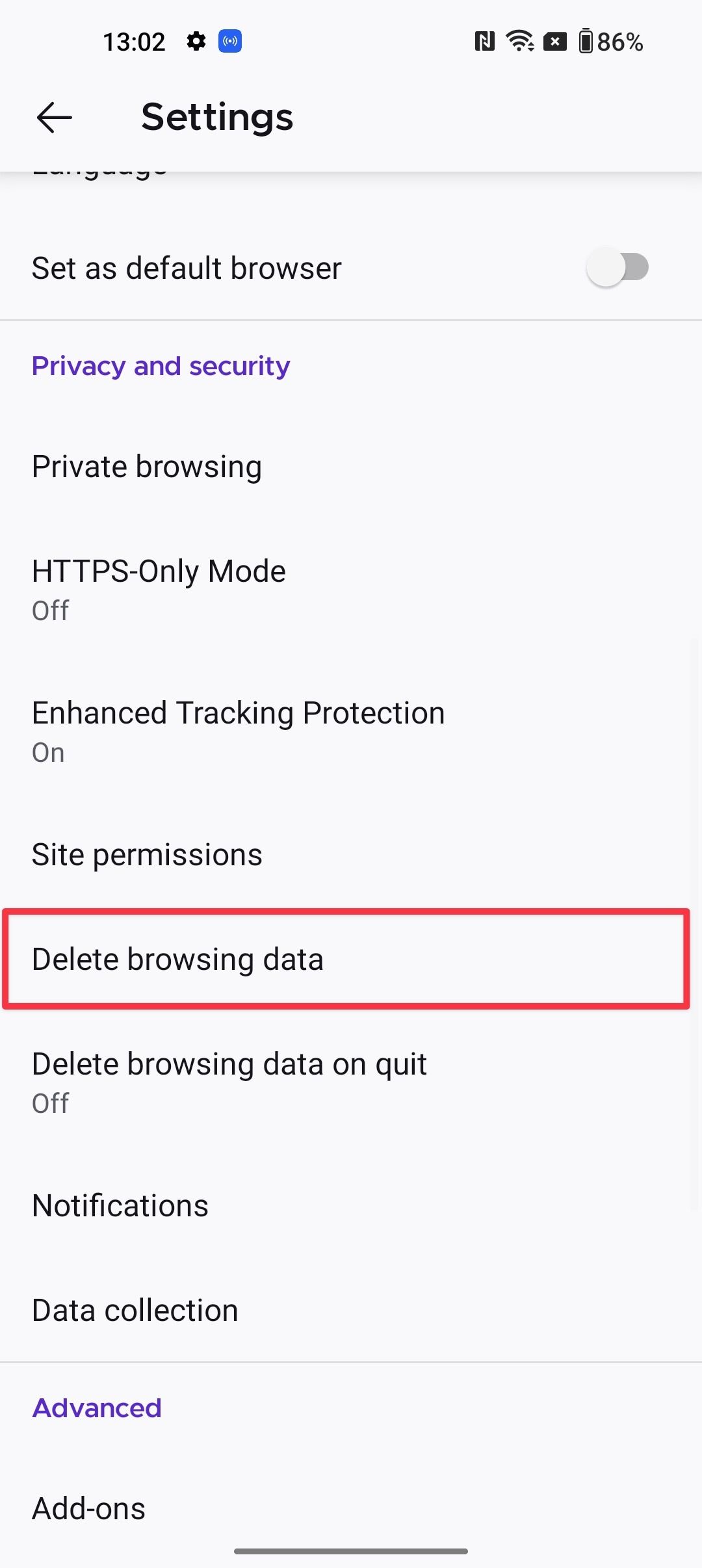 delete cookies on Android in Mozilla Firefox 2a