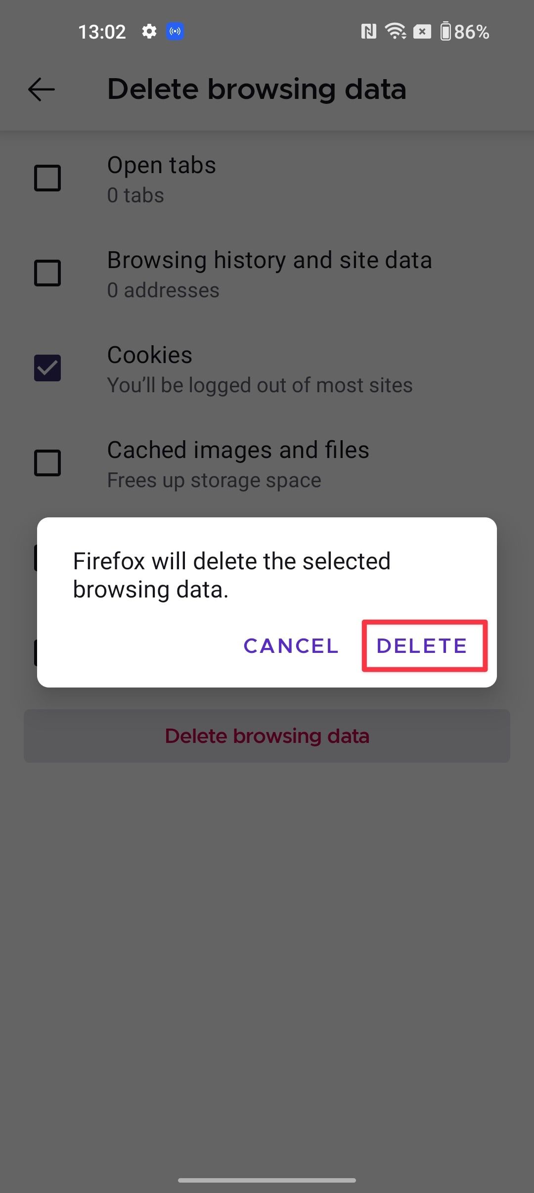 delete cookies on Android in Mozilla Firefox4