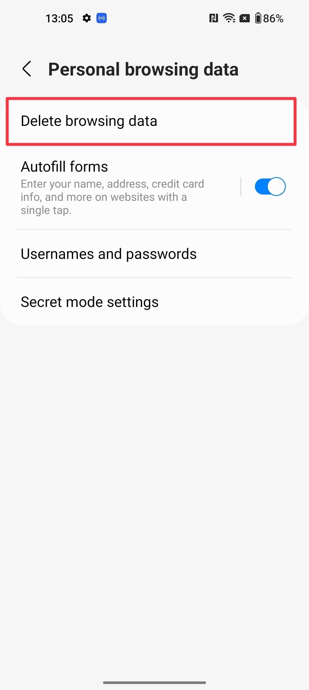 delete cookies on Android in Samsung Internet 3