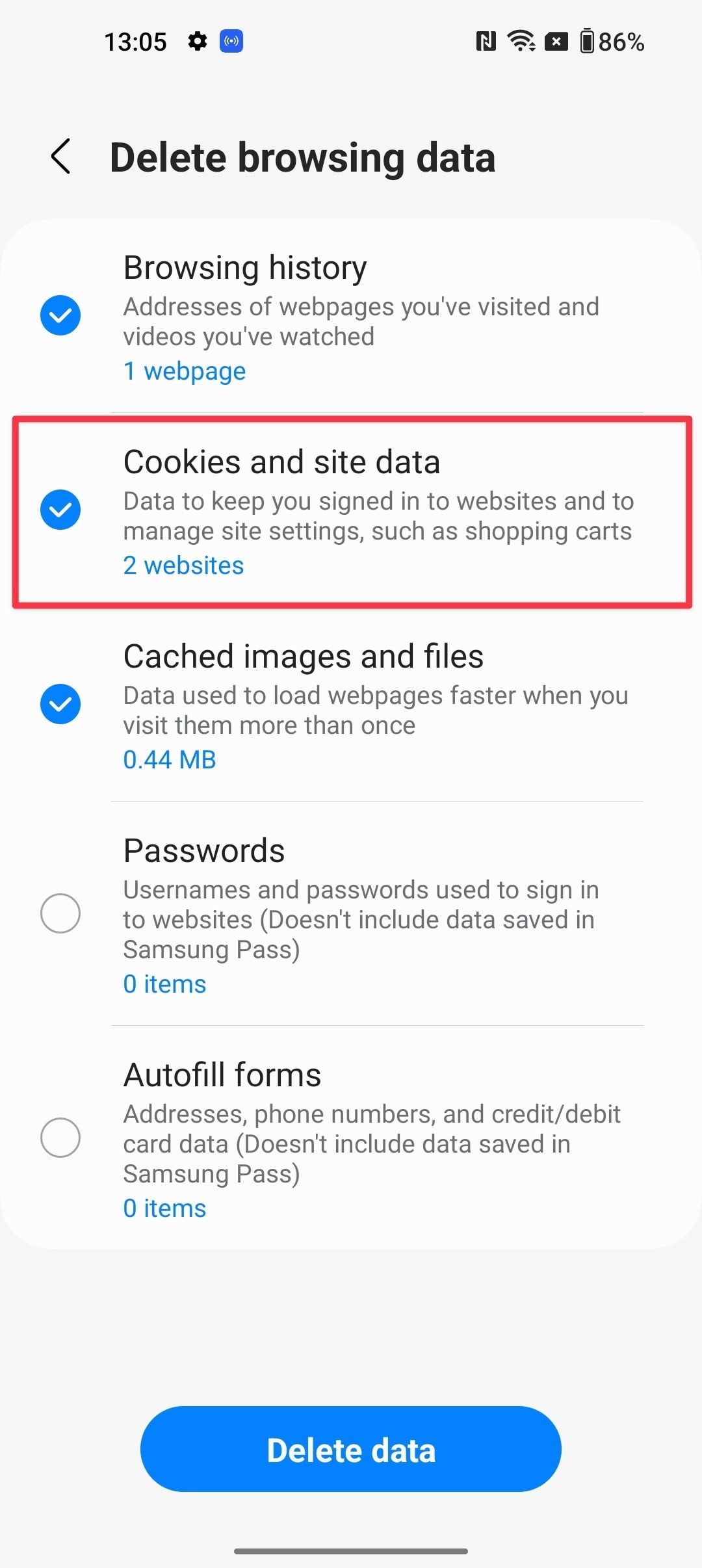 delete cookies on Android in Samsung Internet 3a
