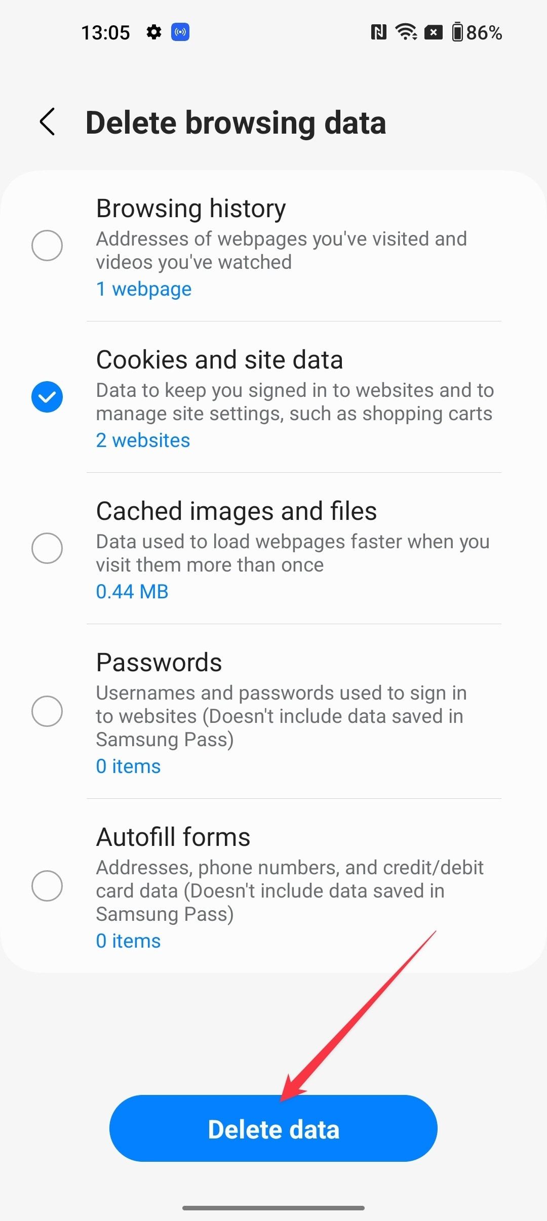 delete cookies on Android in Samsung Internet 4