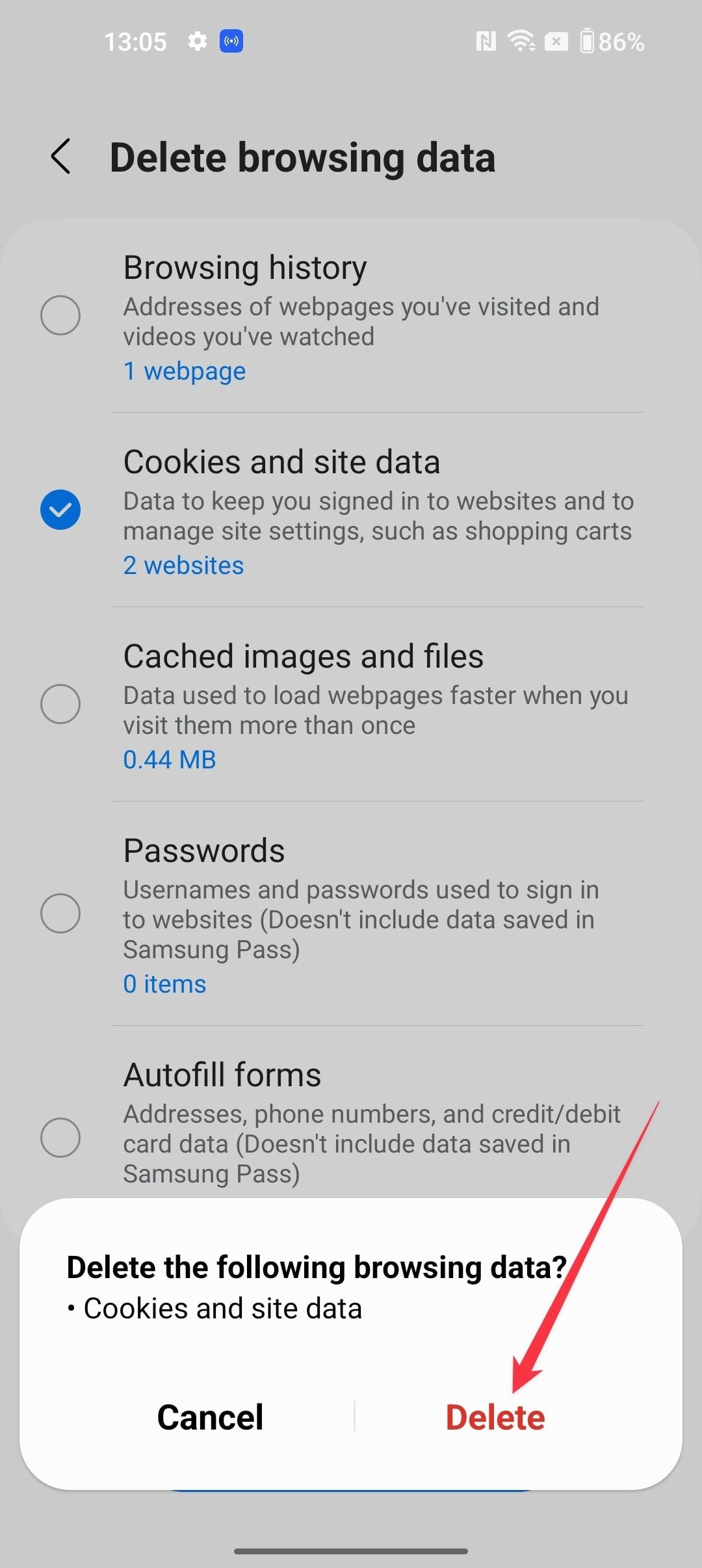 delete cookies on Android in Samsung Internet 4a