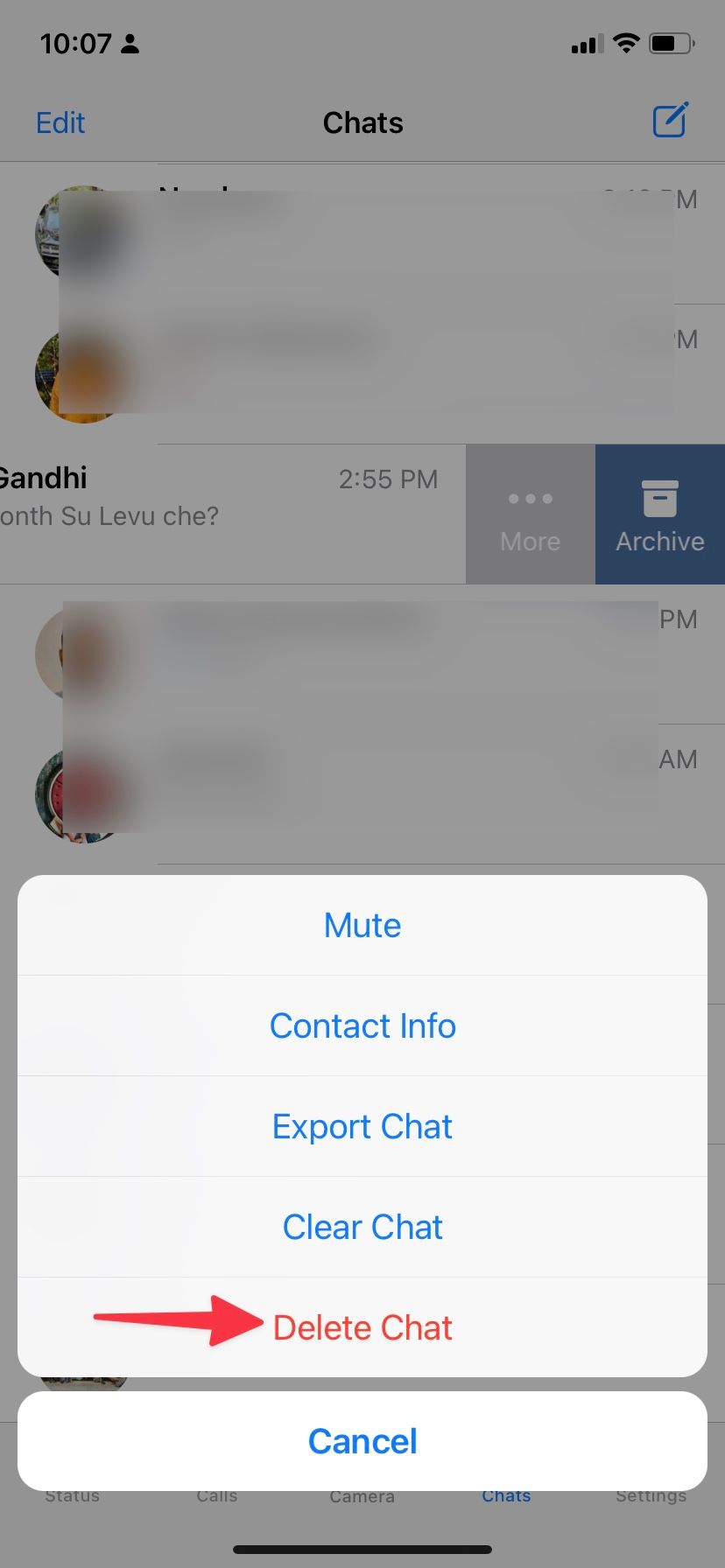 delete chat in WhatsApp for iPhone