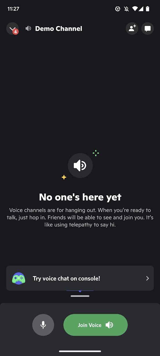 screenshot of discord app showing empty voice call
