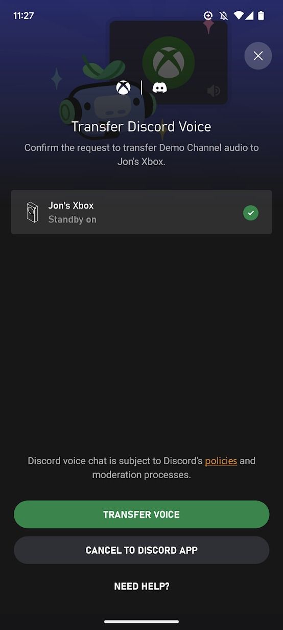 screenshot of xbox app showing console for discord connection