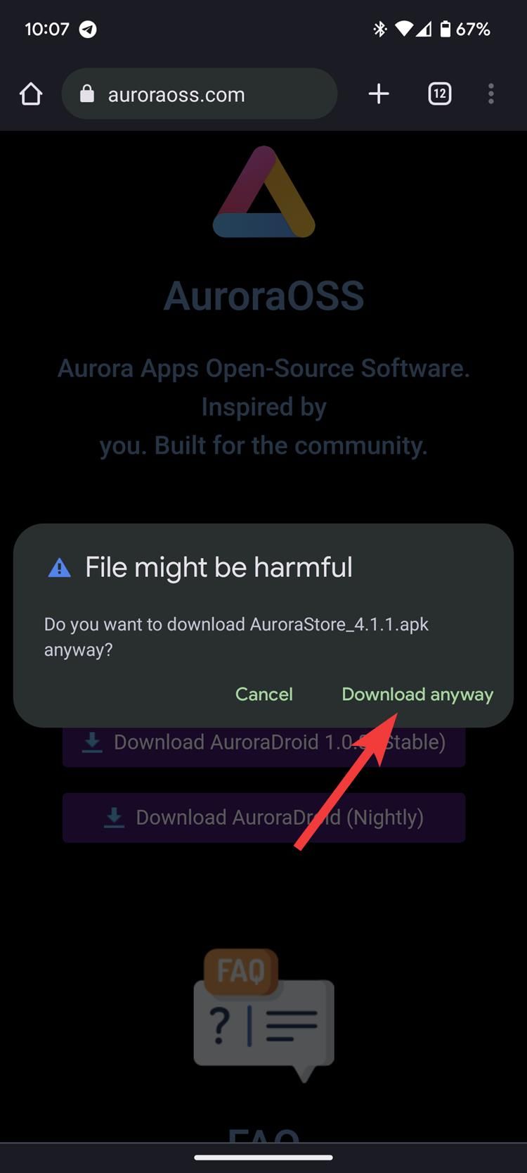 A File might be harmful dialog box with a red arrow pointing to the Download anyway button