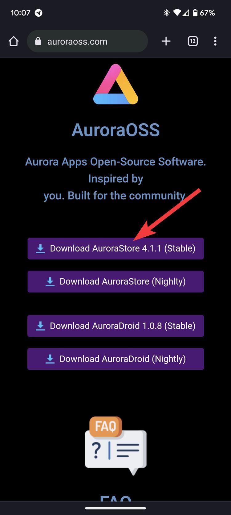 The Aurora Store website with a red arrow pointing to the stable version of the app