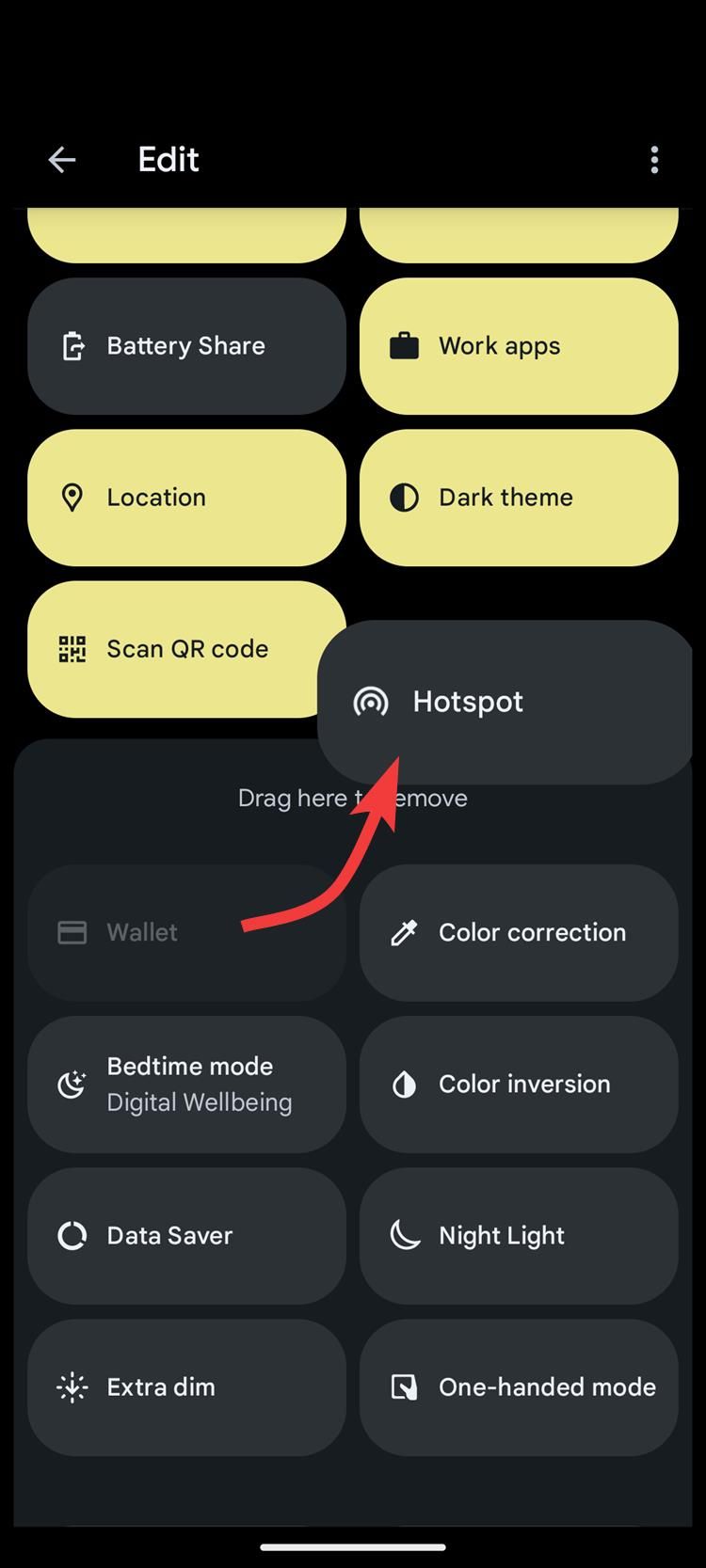 A screenshot of dragging the hotspot tile into Android quick settings.