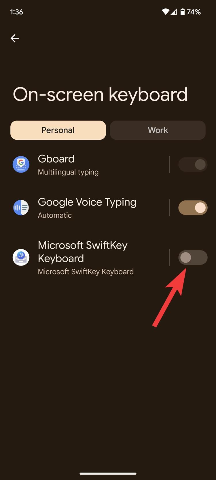 Tangkapan layar yang menunjukkan opsi sakelar keyboard Micrososft Swiftkey dalam pengaturan pada perangkat Android