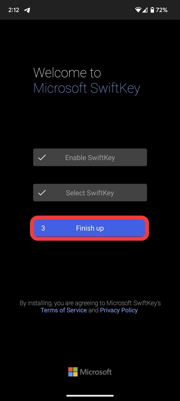 Tangkapan layar menunjukkan tombol selesai setelah mengatur Swiftkey di perangkat Android