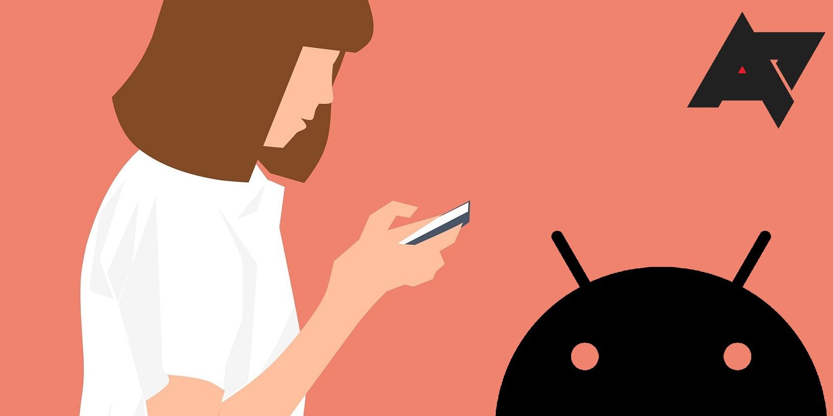 Illustration of a girl texting with the Android mascot to her right.