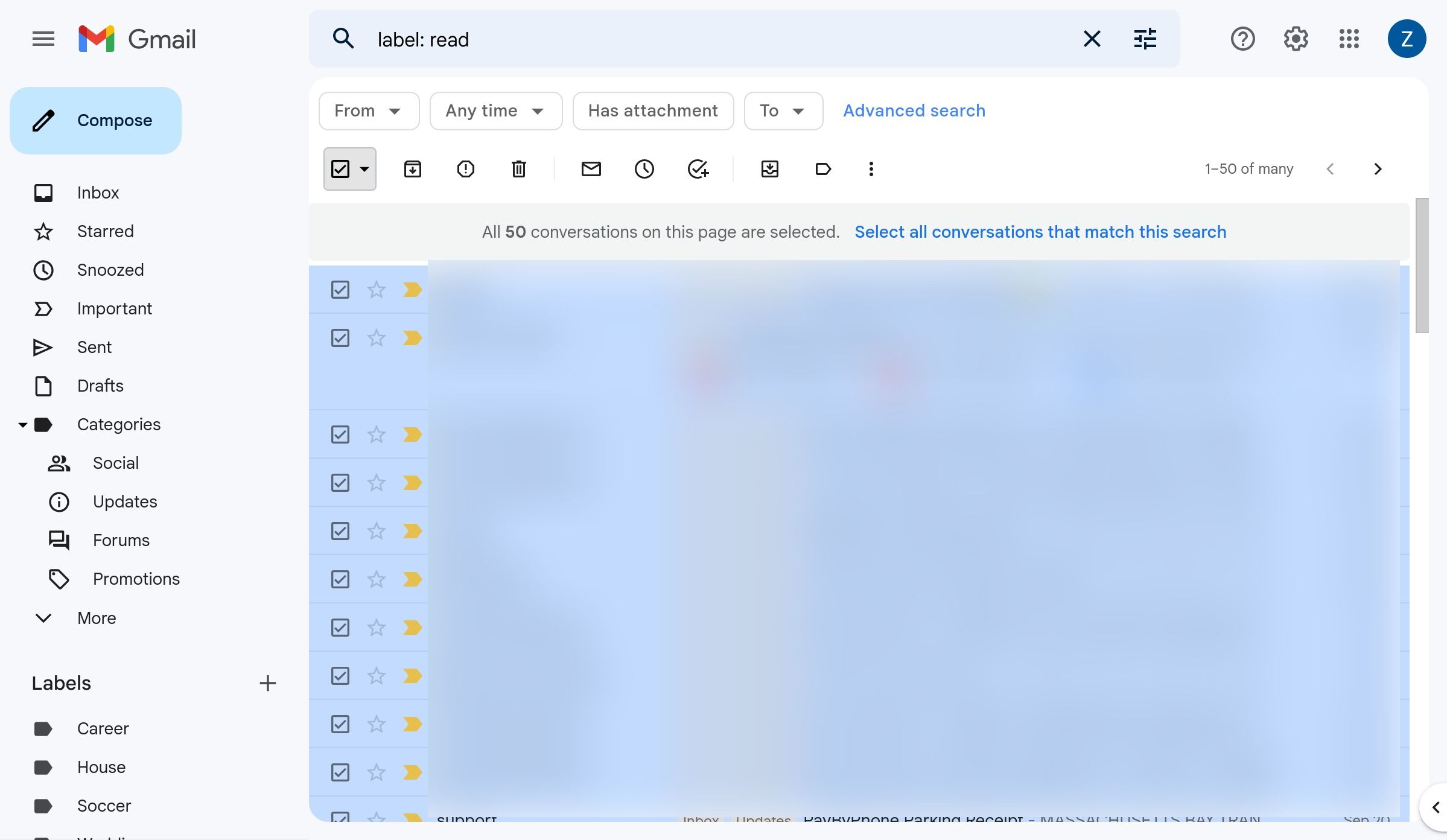 Selecting the first page of read emails in Gmail on the web.